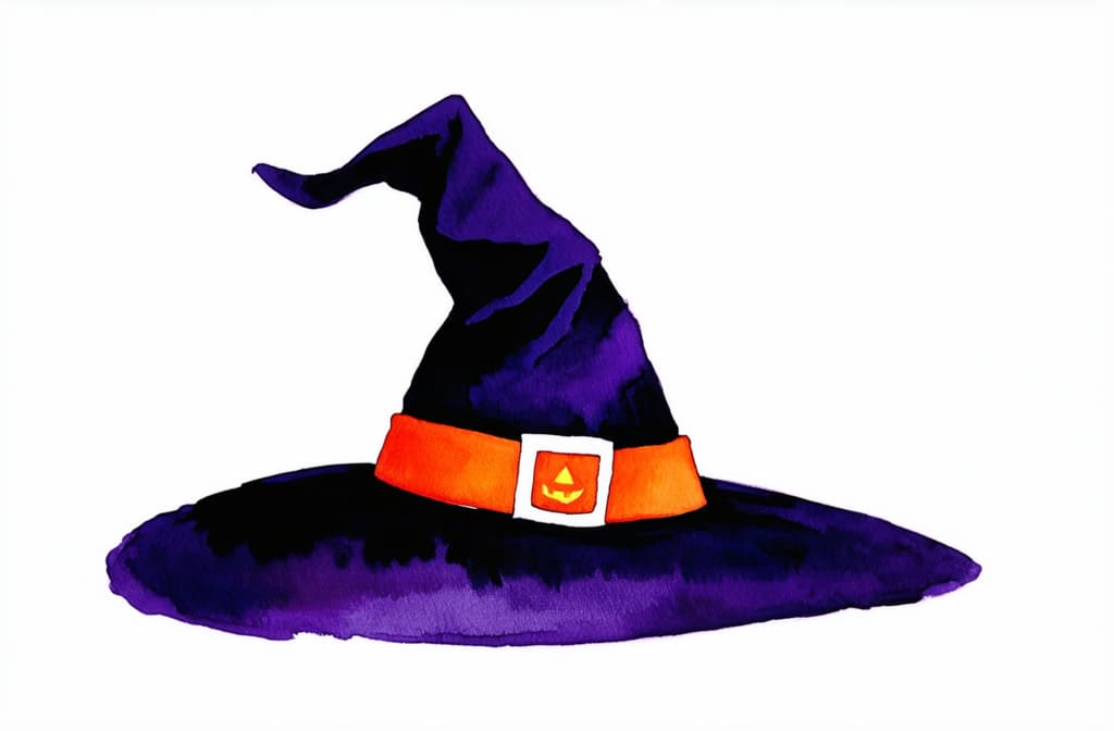  artwork hand drawn watercolor halloween witch hat isolated on white background ar 3:2, watercolor techniques, featuring fluid colors, subtle gradients, transparency associated with watercolor art