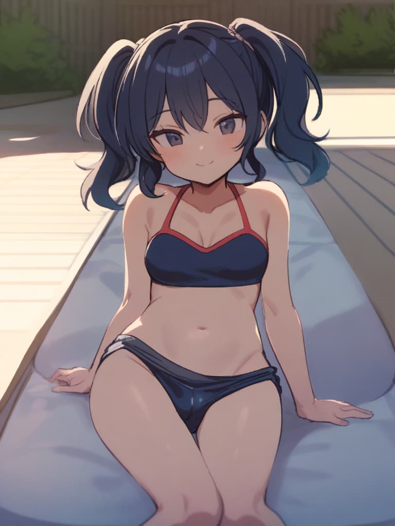  women's elementary students (male), twin tails, cute smiles, rich s, low stature, dark blue swimwear, old swimwear, , simple, , (bulge), male (bulging), front, whole body, pool side,