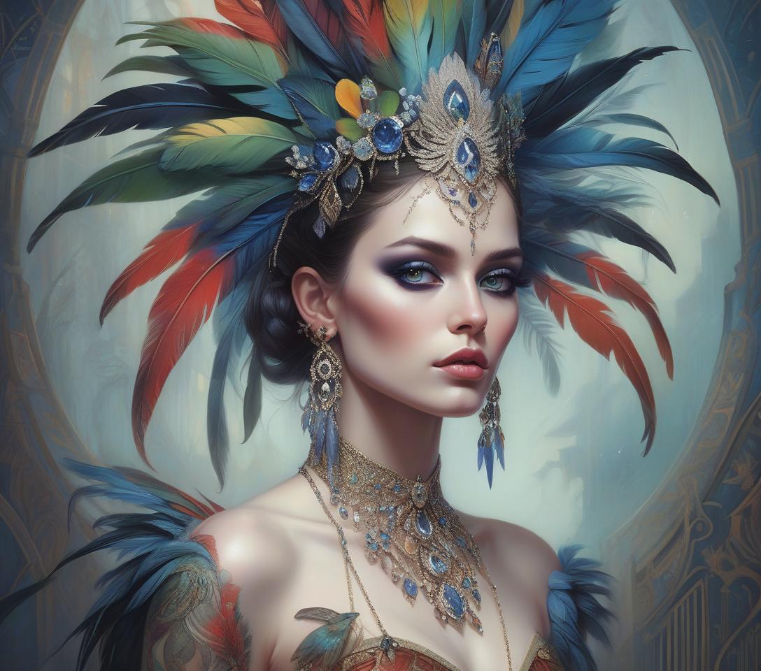  hyper realistic, hyper detailed fantasy art; elegant, intricate, detailed, symmetrical face, accurate anatomy and eyes by tom bagshaw, magali villenueve; karol bak, of a beautiful woman with colorful parrot feather headdress and shoulder jewelry, diamonds, sapphires, insanely detailed, artgerm, wlop, tom bagshaw, magali villenueve; karol bak, photograph taken on nikon d750, intricate, digital illustration