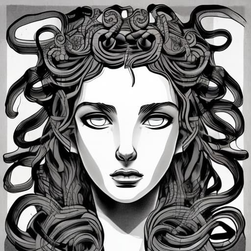  Create an image with Medusa from the Greek mythology. The thematic has to be romantic, her face is sad but loving. Overall, the image has to have a sensitive but sharpen tone.