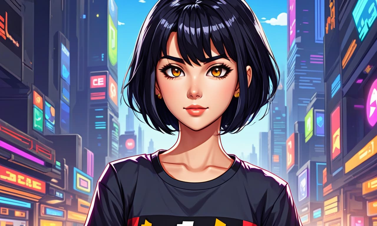  retro game art portrait , beautiful anime girl, with black hair, beautiful eyes, tight shirt , short haircut . 16 bit, vibrant colors, pixelated, nostalgic, charming, fun