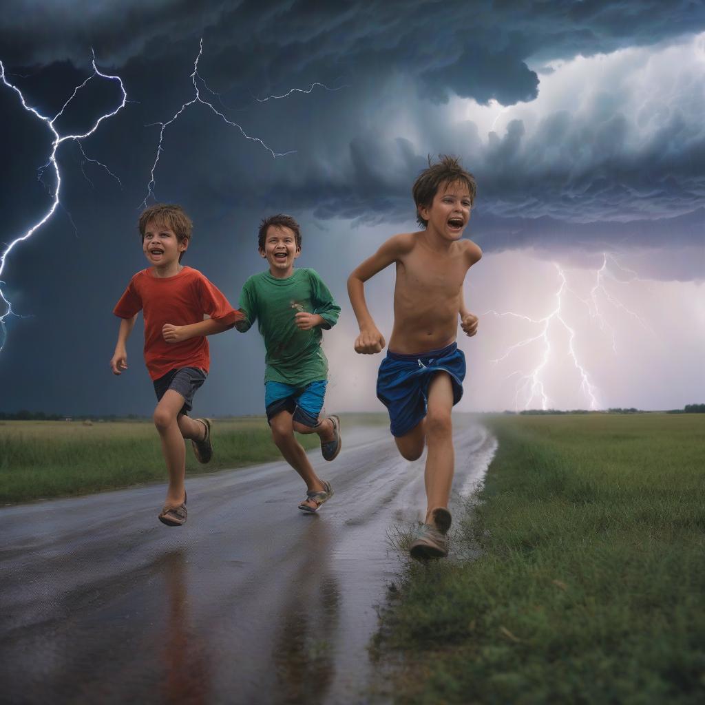  boys running from a thunderstorm.