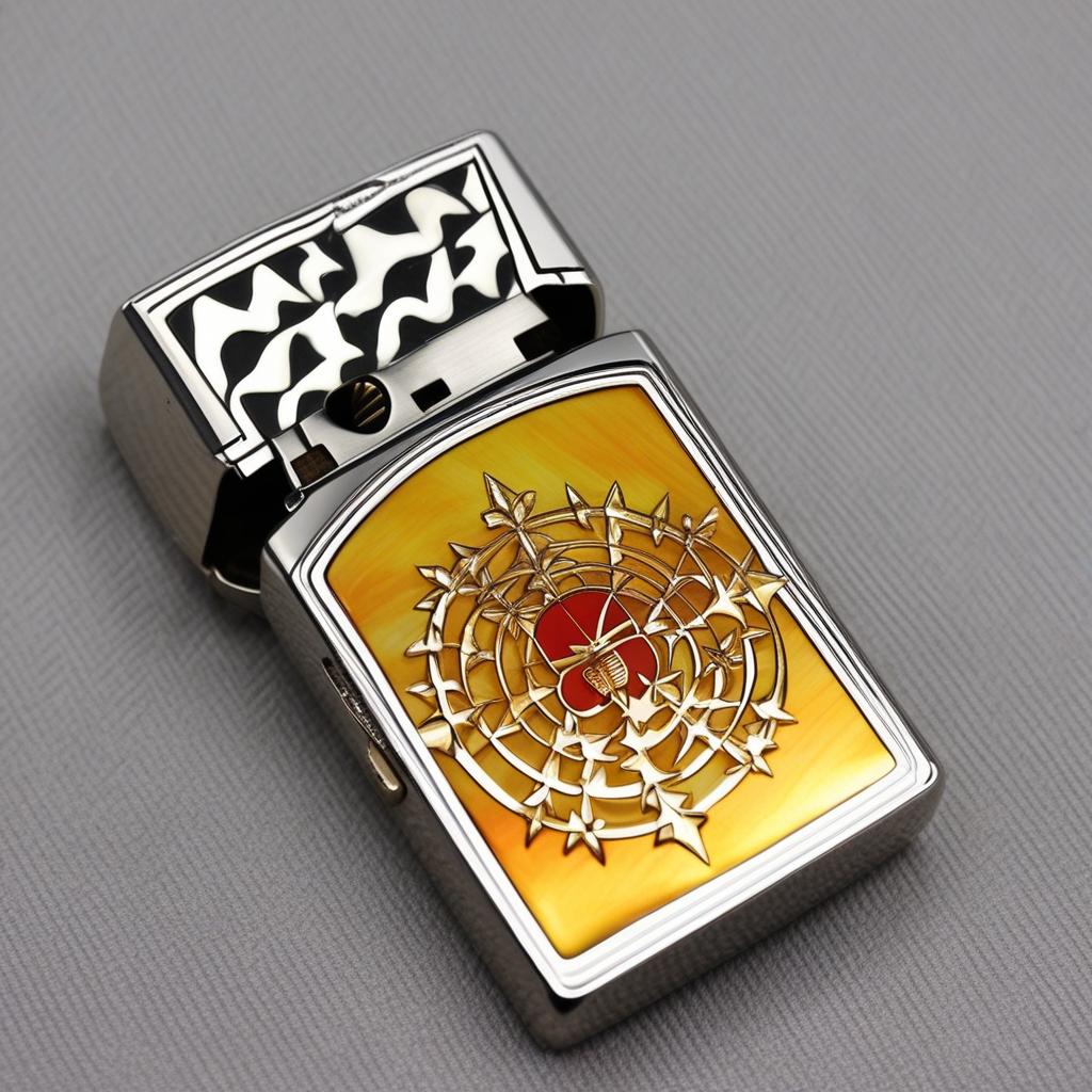  masterpiece, best quality,Draw a Zippo kerosene lighter metal shell decorated with mother-of-pearl craft and place the lighter on a table