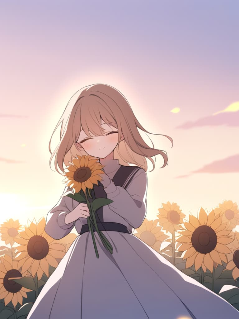  "create an illustration of a girl holding a sunflower while covering one of her eyes with the sunflower. the setting should be during sunset,with warm,golden hues in the background. the girl should have a gentle,serene expression,and her outfit can be casual and light to match the relaxed atmosphere of the evening."