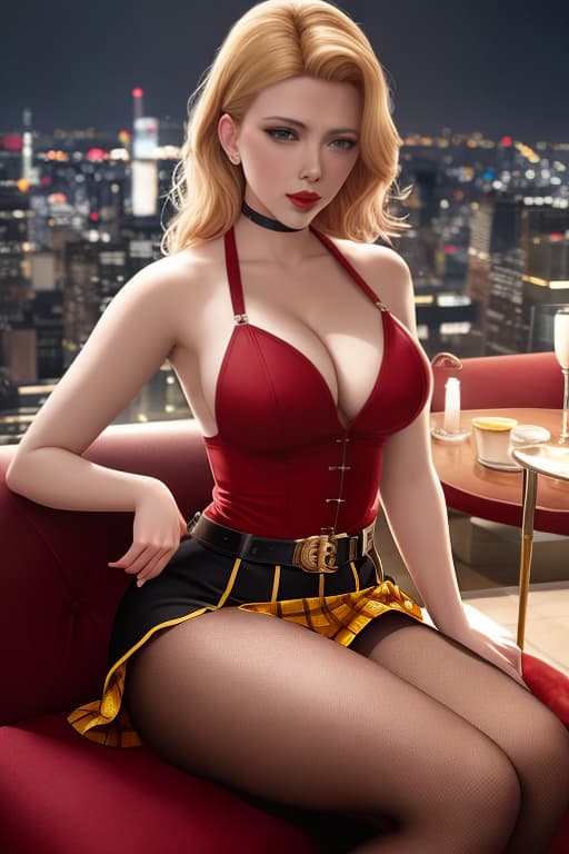  Scarlett Johansson, carmine red lips, dark makeup, yellow suit, yellow tartan, short skirt, slit skirt, suspender belt, medium breasts, deep cleavage, no bra, armchair, Manhattan roof terrace, front view hyperrealistic, full body, detailed clothing, highly detailed, cinematic lighting, stunningly beautiful, intricate, sharp focus, f/1. 8, 85mm, (centered image composition), (professionally color graded), ((bright soft diffused light)), volumetric fog, trending on instagram, trending on tumblr, HDR 4K, 8K