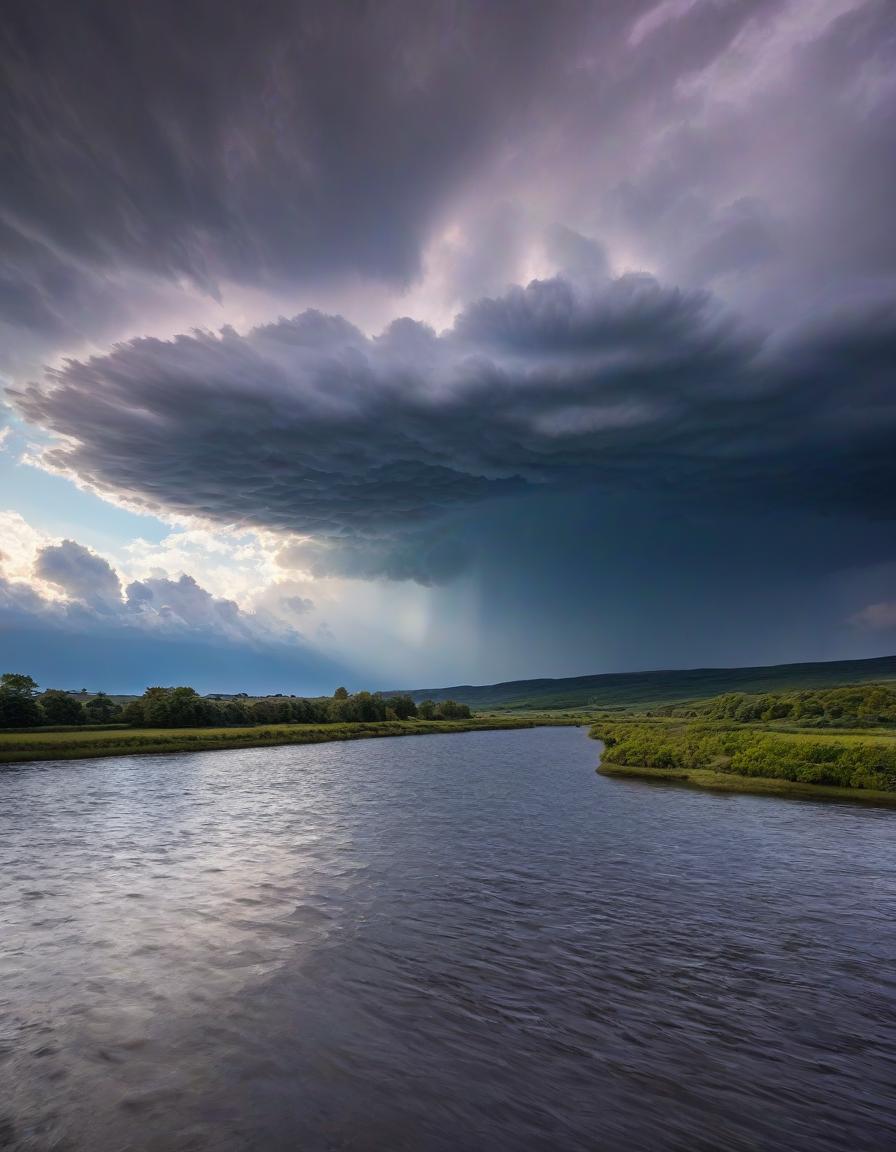  dramatic realism | mammatus thunderclouds (bumpy, pouch like protuberances in dramatic shapes) | horizon line, clear sky above | wide shot, looking upwards | dramatic sunlight with contrasting shadows | foreground silhouetted landscape