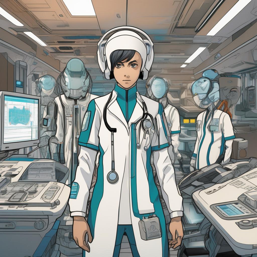  Masterpiece, best quality, a team of anime characters dressed in futuristic medical uniforms, surrounded by advanced medical equipment, work together to save the life of a hyperuricemic patient. Set in a high-tech hospital room, screens and monitors display vital signs. The atmosphere is tense and focused as the characters work together under pressure to deliver life-saving treatment. This style is reminiscent of a fusion of Japanese anime and science fiction, with stylish designs and intricate details. Implemented as digital illustrations using a mix of 3D modeling and painting techniques.