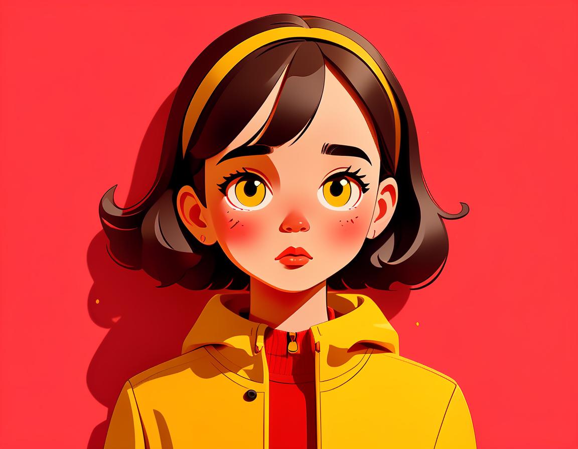  flat papercut style the girl has a thoughtful surprised face, she stands on a red background in yellow clothes, girl illustration sketch sketch . silhouette, clean cuts, paper, sharp edges, minimalist, color block, sticker