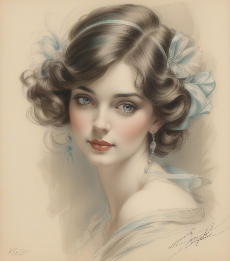  portrait of a beautiful woman, harrison fisher, colored pencil art, black pencil on antique paper, intricate detail.