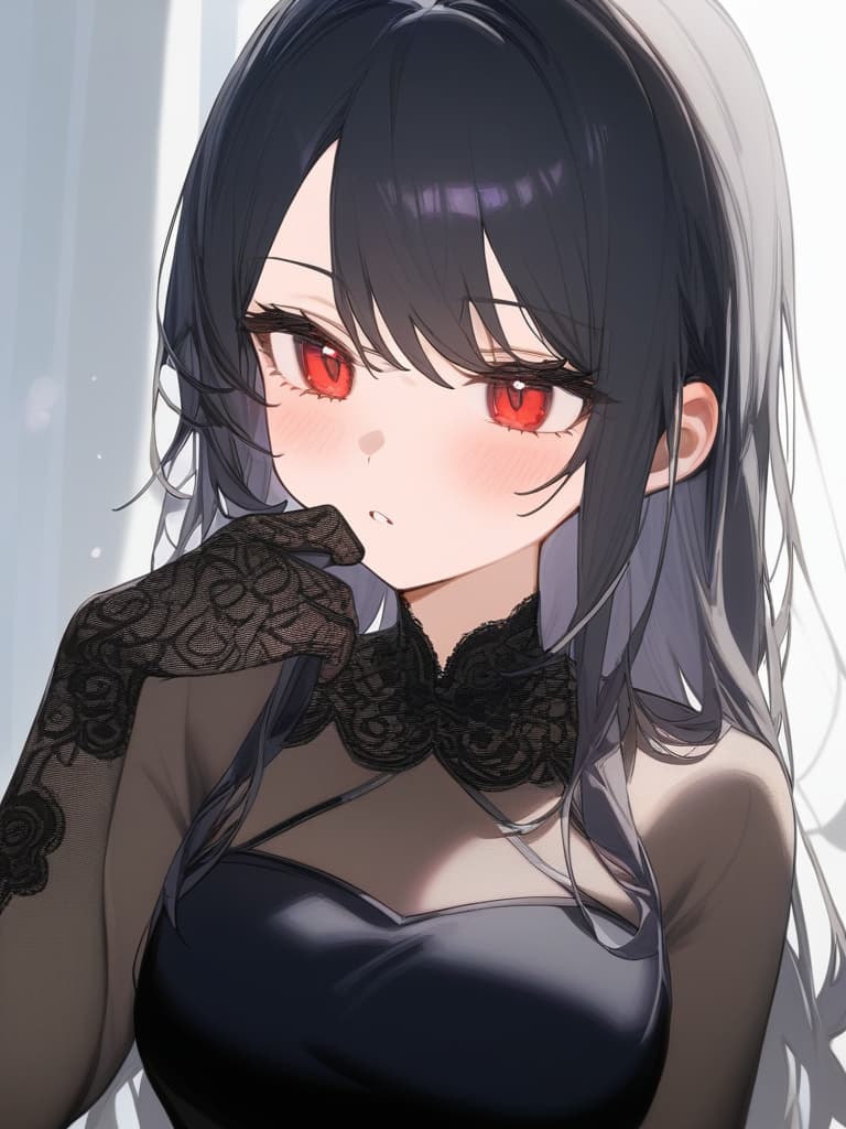  masterpiece,1girl,black hair,red eyes,long hair,slender,black dress,dress head,lace gloves,black lace,