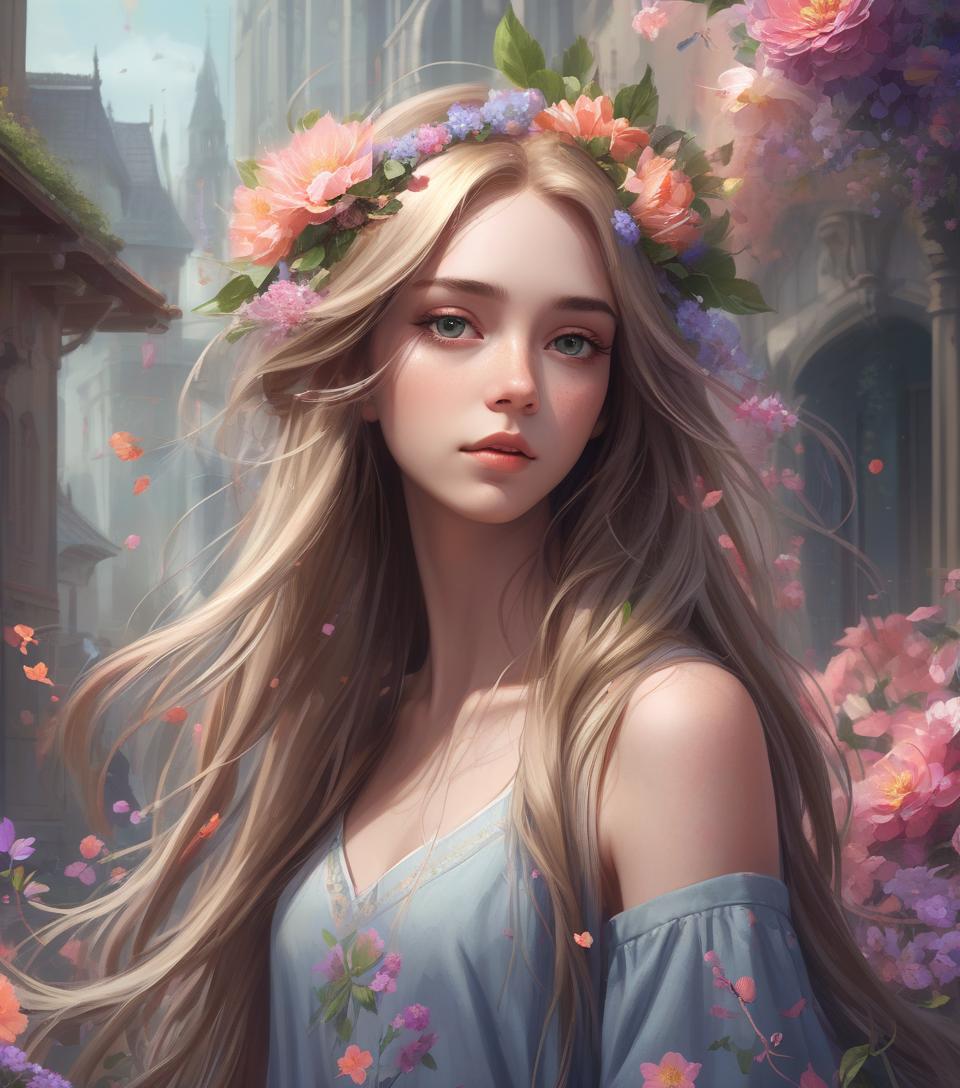  concept art a girl with long hair and flowers in her hair, beautiful character painting, beautiful digital art, beautiful digital artwork, beautiful digital illustration, gorgeous digital art, beautiful digital painting, beautiful fantasy art portrait, fantasy art style, exquisite digital illustration, beautiful gorgeous digital art, gorgeous digital painting, very beautiful digital art, rossdraws digital painting, extremely detailed artgerm . digital artwork, illustrative, painterly, matte painting, highly detailed