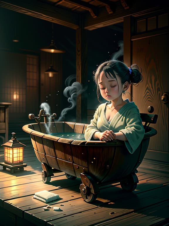  master piece, best quality, ultra detailed, highres, 4k.8k, A old , isting, cleaning, comforting, talking, Innocent, BREAK Prodigy, A traditional Japanese house, towels, wooden tub, soap, BREAK Soothing and tranquil, Soft lighting, steam rising from the hot water, cart00d