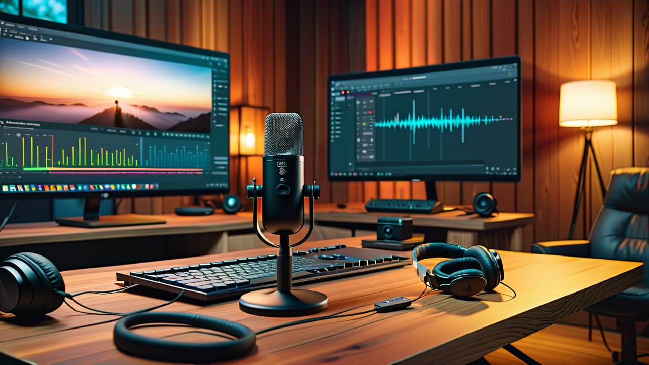  a sleek podcasting setup featuring a high quality microphone, headphones, audio interface, laptop with editing software, and a cozy studio backdrop, all arranged neatly on a wooden desk with ambient lighting. hyperrealistic, full body, detailed clothing, highly detailed, cinematic lighting, stunningly beautiful, intricate, sharp focus, f/1. 8, 85mm, (centered image composition), (professionally color graded), ((bright soft diffused light)), volumetric fog, trending on instagram, trending on tumblr, HDR 4K, 8K