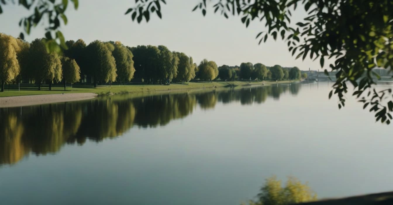  cinematic photo realistic landscape, metropolis in the distance, left and right close to the camera linden trees, sunny day, view from above, park, lake reflects trees, cinematic . 35mm photograph, film, bokeh, professional, 4k, highly detailed