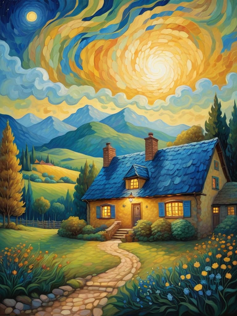  van gogh style, quaint countryside cottage, starry night sky, swirling clouds, warm glow from windows, thick brushstrokes, deep blues and yellows, rich textures, rustic charm, impressionist scenery.