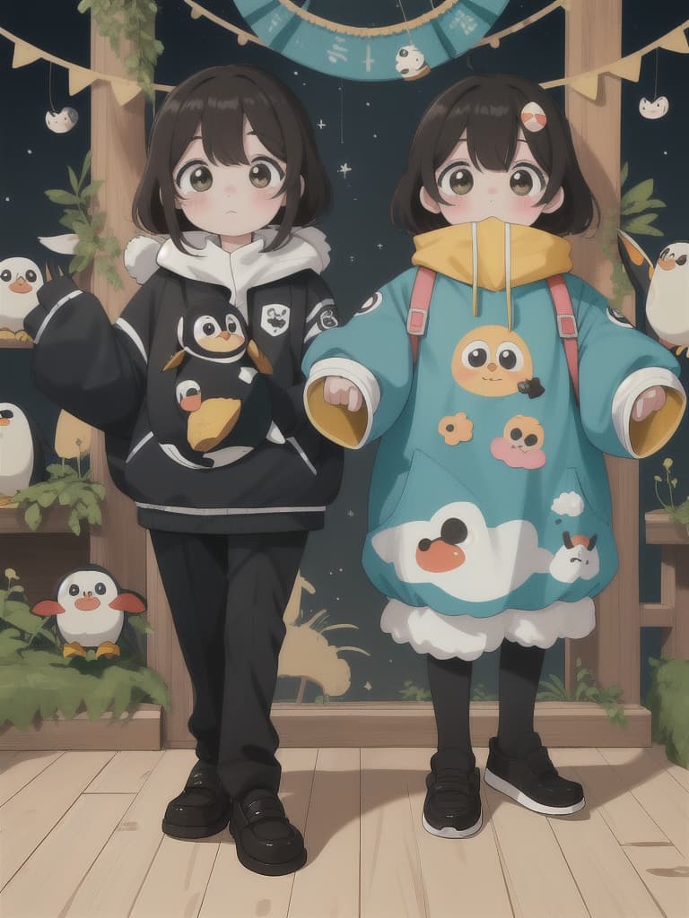  Penguin, Yuru Chara, Mascot, Beautiful Beauty Couple, 💩: 0.6, 💩: 0.1, 💩, 💩, 💩,, masterpiece, best quality,8k,ultra detailed,high resolution,an extremely delicate and beautiful,hyper detail