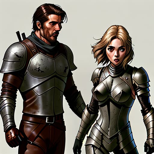  leave both men. make the girl a little lighter, the guy replace the suit with leather armor. the background is post apocalypse