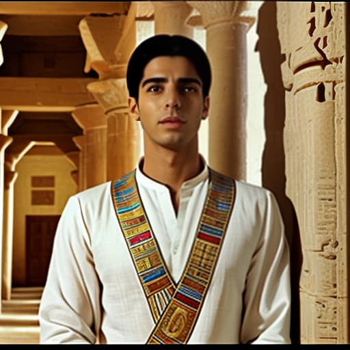  screenshot from the film; pastel colors; face and body angle in 3/4; an incredibly beautiful thirty ancient egyptian man is waiting for someone in the corridor of an ancient egyptian building, leans against the wall and looks up; he raised his head up; he is dressed in exquisite ancient egyptian clothes made of white linen and wears ancient egyptian jewelry; he looks much younger than his years; he has pleasant, pretty facial features; his face is smoothly ; he has delicate and smooth skin; he has an unusual for an egyptian light; he has a bright light corridor with a bright light, with a brighter shoulder shoulder hair; he is covered with a straight shoulder.