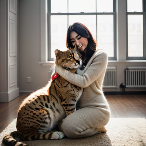  a big cat hugs a cute girl in the living room,pokemon hyperrealistic, full body, detailed clothing, highly detailed, cinematic lighting, stunningly beautiful, intricate, sharp focus, f/1. 8, 85mm, (centered image composition), (professionally color graded), ((bright soft diffused light)), volumetric fog, trending on instagram, trending on tumblr, HDR 4K, 8K