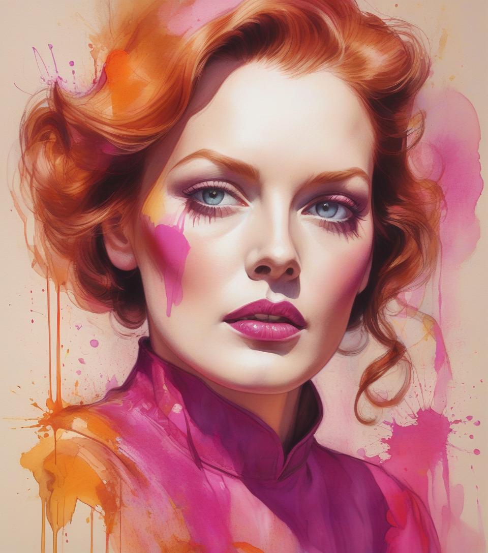  painting of a woman in magenta and orange colors, maureen o&#39;hara, pretty much beautiful face, ultra detailed paintings inspired by wlop, trending with artstation, fantasy art, intricate wlop, art of wlop, wlop art, wlop |, the style of wlop, beautiful character drawings, wlop painting style, wlop | art germ, unparalleled beauty tumbler, figurative art, intense watercolor, watercolor detailed art, watercolor splash, surreal, avant garde pop art, beautiful and expressive paintings, beautiful artwork illustration, very colorful tones, wonderful, cool beauty, master piece, highest quality, official art, women only, sharp outline, best shot, vector art, written by sandra chevrier, dave mckean、by richard avedon、written by makiezi kusiala,