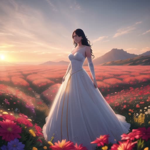  As the sun rose, the flowers stretched towards its warm rays, embracing the new day filled with hope and possibilities. hyperrealistic, full body, detailed clothing, highly detailed, cinematic lighting, stunningly beautiful, intricate, sharp focus, f/1. 8, 85mm, (centered image composition), (professionally color graded), ((bright soft diffused light)), volumetric fog, trending on instagram, trending on tumblr, HDR 4K, 8K