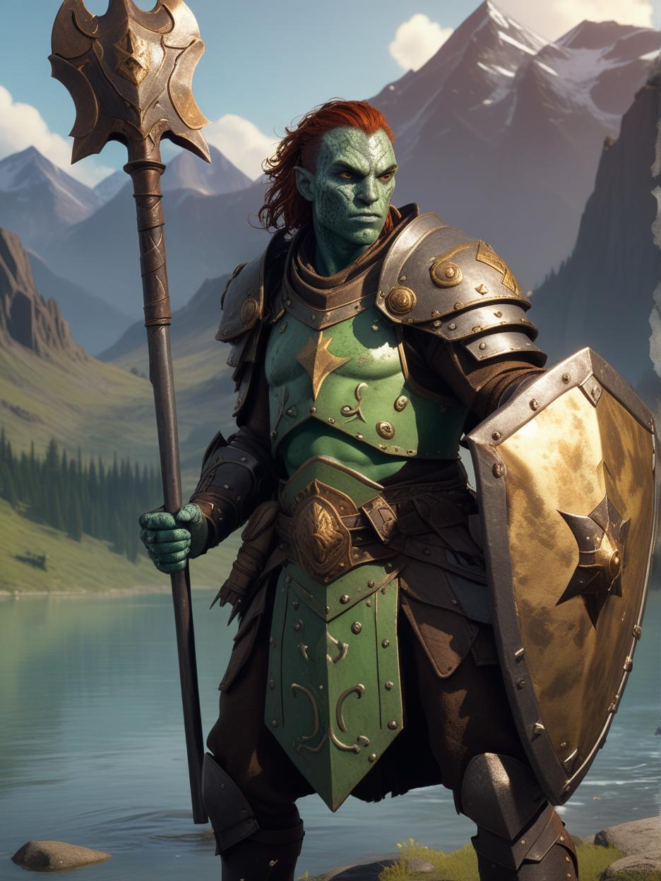  A dnd character, a male githzerai paladin of life, with green/grey skin and brown freckles, holding a small iron mace in a hand and a shield with a metal face , with as background a huge mountain illuminated by a golden light and surrounded by a glowing lake