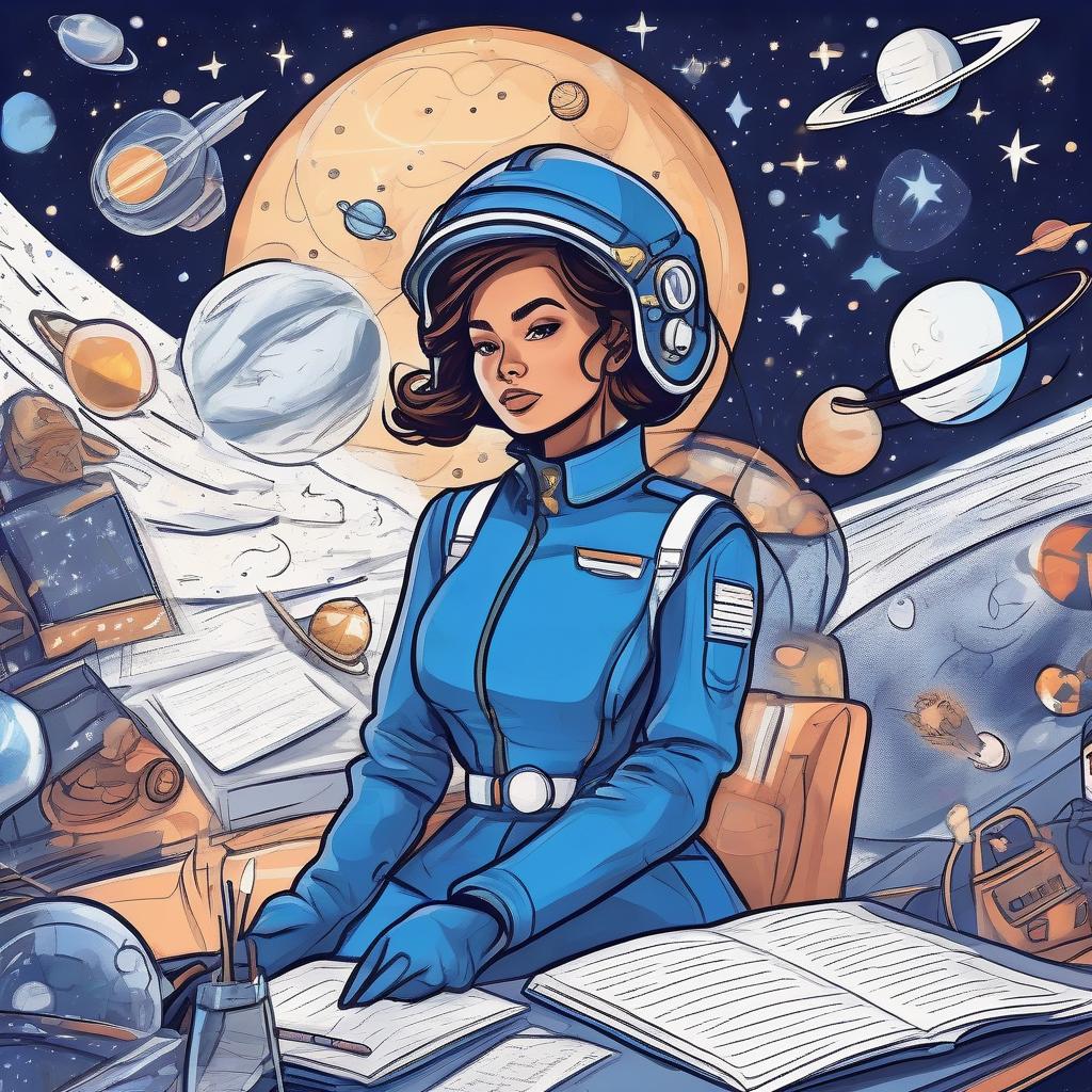  a girl writer writes a new story, dressed in blue flying uniforms, around space, stars, planets, starships, comets, in the style of comics