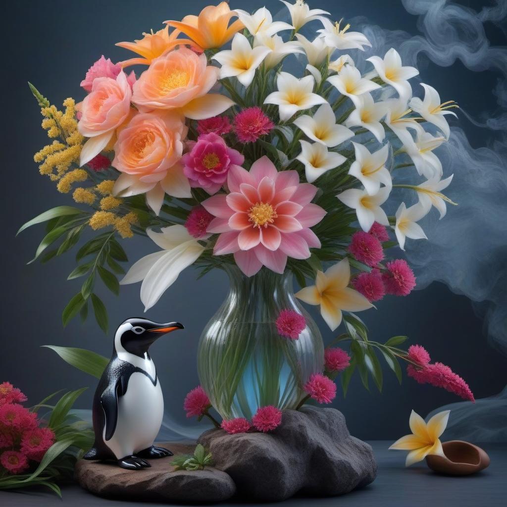  Ikebana with a porcelain penguin hyperrealistic, full body, detailed clothing, highly detailed, cinematic lighting, stunningly beautiful, intricate, sharp focus, f/1. 8, 85mm, (centered image composition), (professionally color graded), ((bright soft diffused light)), volumetric fog, trending on instagram, trending on tumblr, HDR 4K, 8K