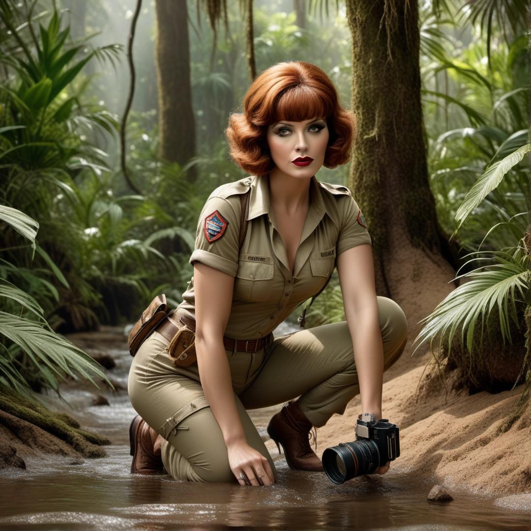  clara bow is a jungle explorer wearing khaki shorts and khaki shirt,sinking neck deep in quicksand hyperrealistic, full body, detailed clothing, highly detailed, cinematic lighting, stunningly beautiful, intricate, sharp focus, f/1. 8, 85mm, (centered image composition), (professionally color graded), ((bright soft diffused light)), volumetric fog, trending on instagram, trending on tumblr, HDR 4K, 8K