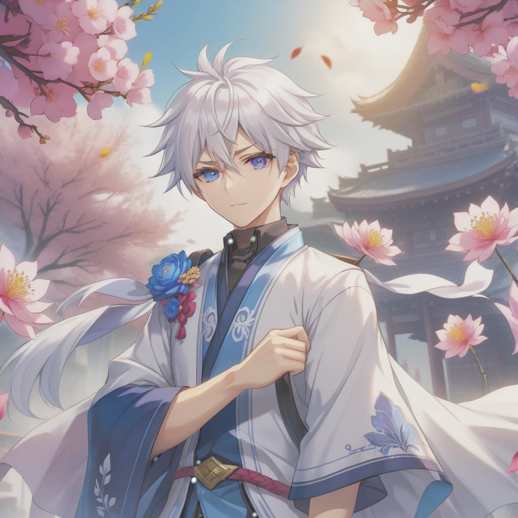  anime artwork the guy with white hair and pink eyes. gentle clothes with floral elements. palette of white and dark blue colors . anime style, key visual, vibrant, studio anime, highly detailed hyperrealistic, full body, detailed clothing, highly detailed, cinematic lighting, stunningly beautiful, intricate, sharp focus, f/1. 8, 85mm, (centered image composition), (professionally color graded), ((bright soft diffused light)), volumetric fog, trending on instagram, trending on tumblr, HDR 4K, 8K