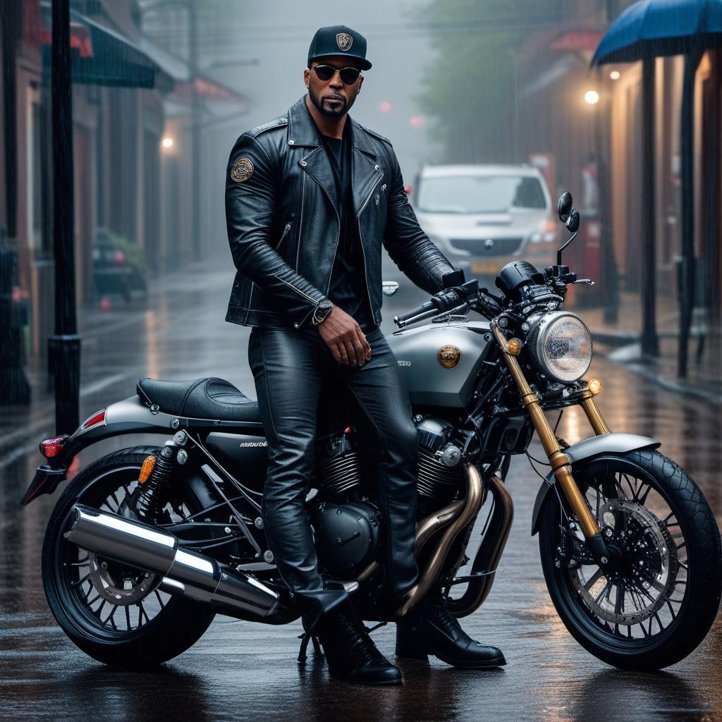  a guy with his motorcycle that delivers pet supplies during rainy days , ((realistic)) hyperrealistic, full body, detailed clothing, highly detailed, cinematic lighting, stunningly beautiful, intricate, sharp focus, f/1. 8, 85mm, (centered image composition), (professionally color graded), ((bright soft diffused light)), volumetric fog, trending on instagram, trending on tumblr, HDR 4K, 8K