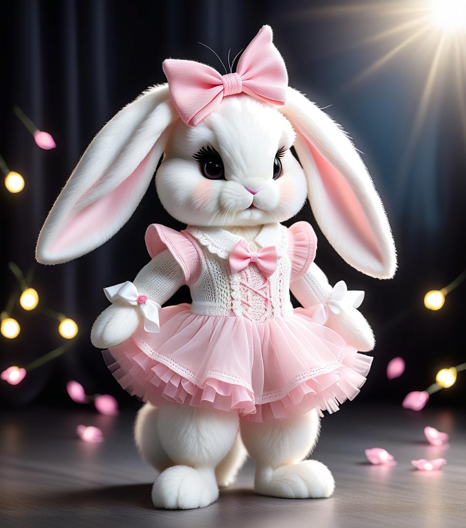  long exposure photo of a very cute white and pink fluffy bunny, cute cute, with long fluffy floppy ears, with a fashionable elegant crochet headband with a bow, and decorations, standing on two legs, in a crocheted white and pink jumpsuit with ruffles, tulle ruffles, with draperies, with ruffled tulle, with a bow, a peplum, very detailed, dressed in beautiful crocheted shoes with a bow, flying fireflies and neon hearts, glare of light, radiance, fabulously beautiful, tenderness, love, aesthetics, best quality: 1.3, for maximum detail and clarity, professional photo, fotorealism, high resolution, high detail , iso 3200, f/2.8, 16k, uhd, 1/8000sec, 30mm lens, bright light . blurred motion, streaks of light, surreal, dreamy, ghosting effect, h hyperrealistic, full body, detailed clothing, highly detailed, cinematic lighting, stunningly beautiful, intricate, sharp focus, f/1. 8, 85mm, (centered image composition), (professionally color graded), ((bright soft diffused light)), volumetric fog, trending on instagram, trending on tumblr, HDR 4K, 8K