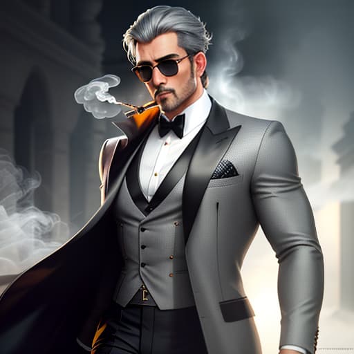  A man in a gray smoking jacket with large sunglasses. hyperrealistic, full body, detailed clothing, highly detailed, cinematic lighting, stunningly beautiful, intricate, sharp focus, f/1. 8, 85mm, (centered image composition), (professionally color graded), ((bright soft diffused light)), volumetric fog, trending on instagram, trending on tumblr, HDR 4K, 8K