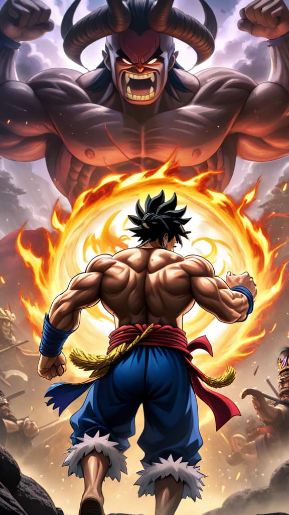  anime art: kaido faces luffy in an epic battle, showcasing their intense clash of strength and determination. hyperrealistic, full body, detailed clothing, highly detailed, cinematic lighting, stunningly beautiful, intricate, sharp focus, f/1. 8, 85mm, (centered image composition), (professionally color graded), ((bright soft diffused light)), volumetric fog, trending on instagram, trending on tumblr, HDR 4K, 8K