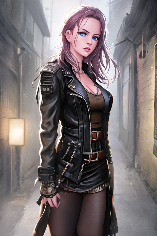  cute punk rock , mad max black jacket, renaissance, , blue eyes, (young billie piper:0.2), loose hair in mane, out-of-focus background, alleys, hyperrealistic style, oil painting, fantasy by Olga Fedorova hyperrealistic, full body, detailed clothing, highly detailed, cinematic lighting, stunningly beautiful, intricate, sharp focus, f/1. 8, 85mm, (centered image composition), (professionally color graded), ((bright soft diffused light)), volumetric fog, trending on instagram, trending on tumblr, HDR 4K, 8K