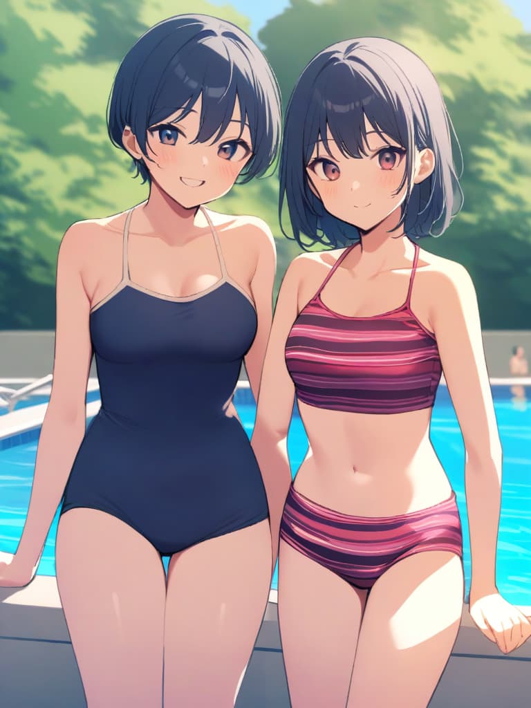  s, s, transveses, short stages, old swimwear (dark blue old ), clear (), (in swimwear), cute smile face, short hair, pool, pool,