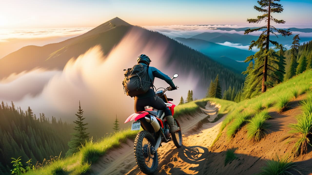  a rugged mountain trail winding through dense pine forests, with a biker navigating a steep descent, showcasing mud splashes, rocky obstacles, and a breathtaking valley view under a dramatic sky, embodying adventure and risk. hyperrealistic, full body, detailed clothing, highly detailed, cinematic lighting, stunningly beautiful, intricate, sharp focus, f/1. 8, 85mm, (centered image composition), (professionally color graded), ((bright soft diffused light)), volumetric fog, trending on instagram, trending on tumblr, HDR 4K, 8K