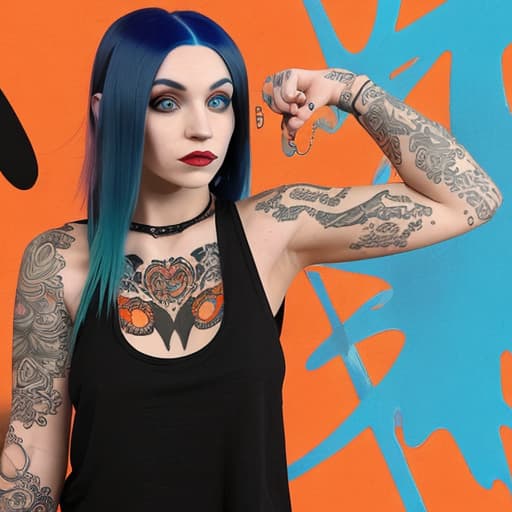  A young Caucasian woman with long, vibrant blue hair and tattoos on her arms, wearing a black tank top against an abstract orange and black background