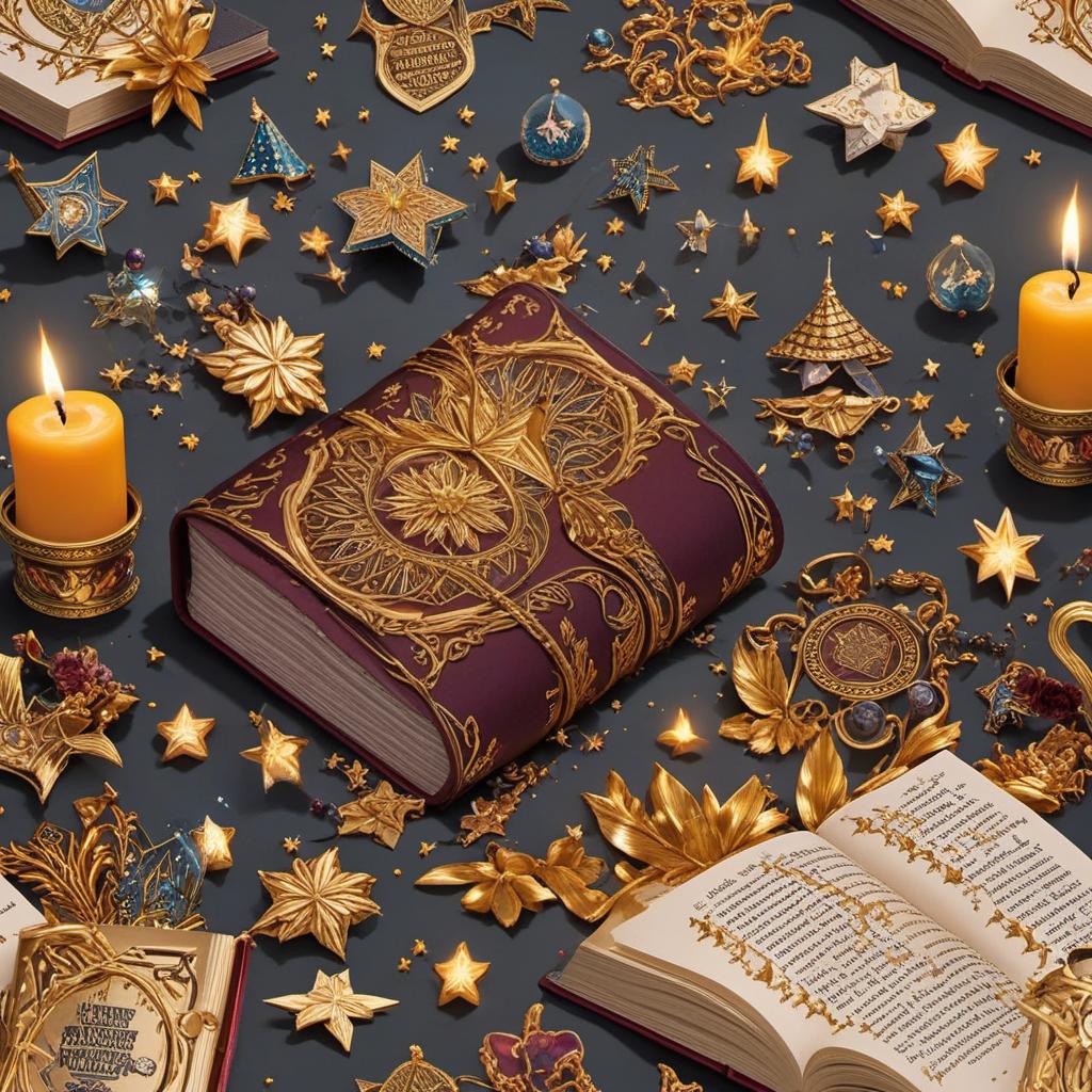  a book with stars and candles coming out of it with a wonderland and harry potter vibes , mystical style