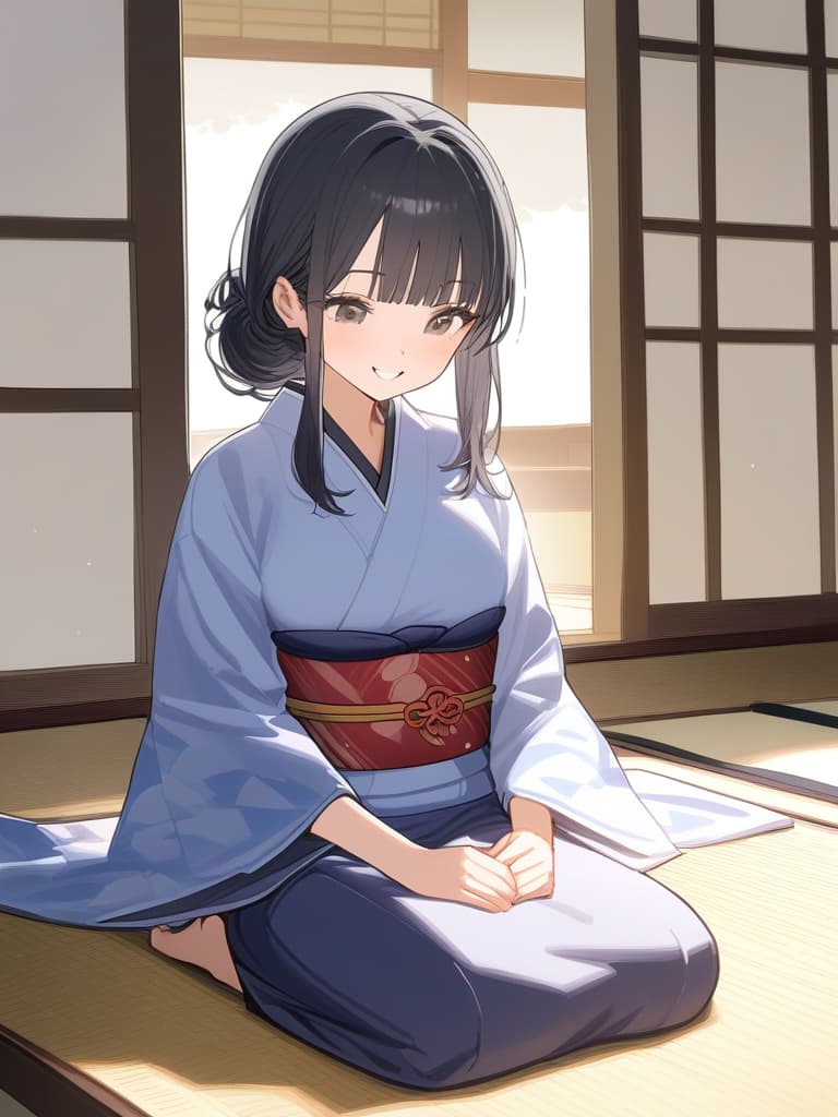  1girl,black hair,black eyes,long hair,kimono,bangs bangs,trimmed hair tips,smile gently,seiza,japanese style room,japanese style hair,blunt bangs,flat hair,yamatonadesiko