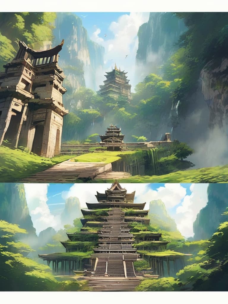  an ancient temple at the top. the towers were so high that they were so dangerous. the camera moved from the bottom to the top, showing the height and virulence of the building, which was a sense of shock and awe. the sky is vast, surrounded by dense mountain forests, and baked out of the loft alone and mysterious。