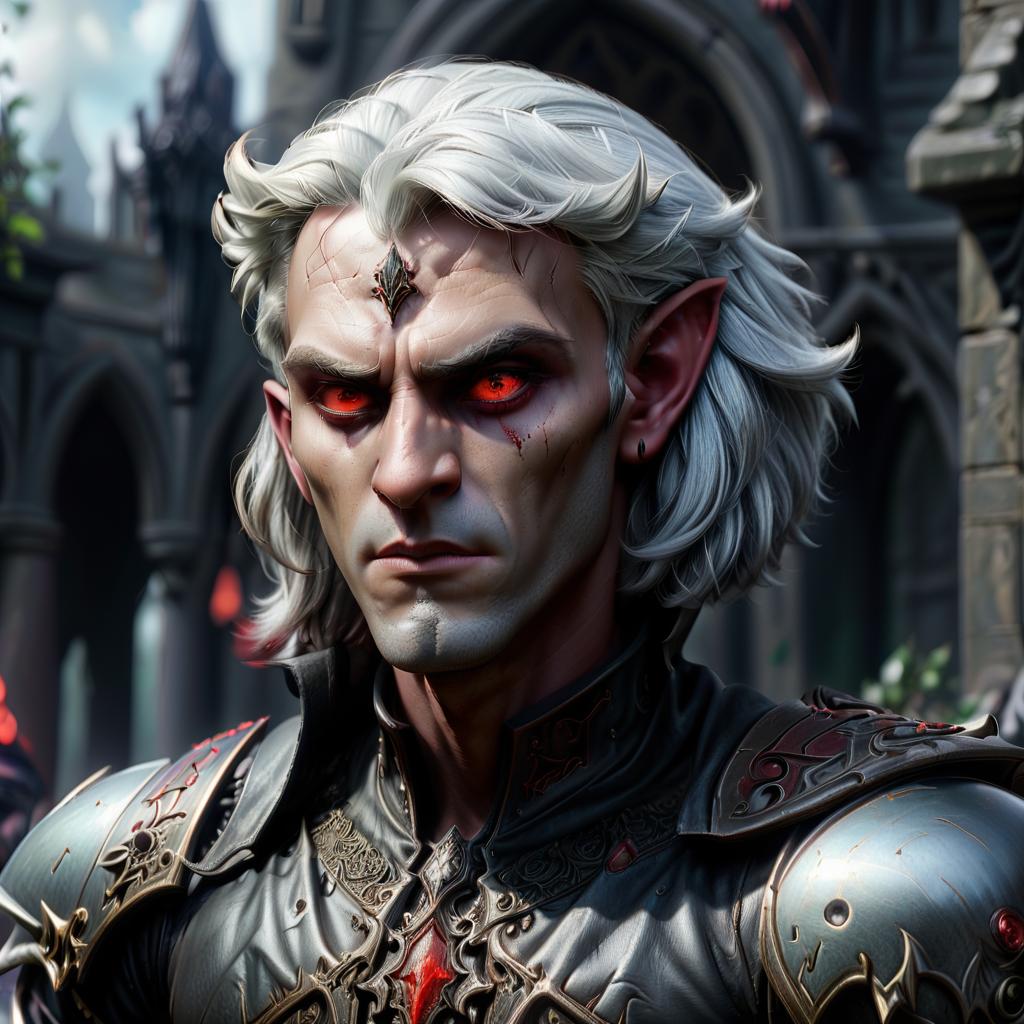  gothic style drow male elf cleric, red eyes, silver medium haircut, black leather armor, mace, impudent arrogant rude grimace, dark cathedral background . dark, mysterious, haunting, dramatic, ornate, detailed, civitai