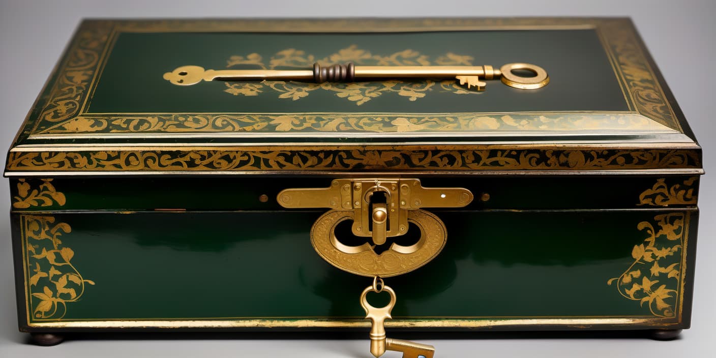  a large, antique, lacquered box with keys and an open lid tool. with gold decals. located flat, beaten inside with green velvet. against a transparent background