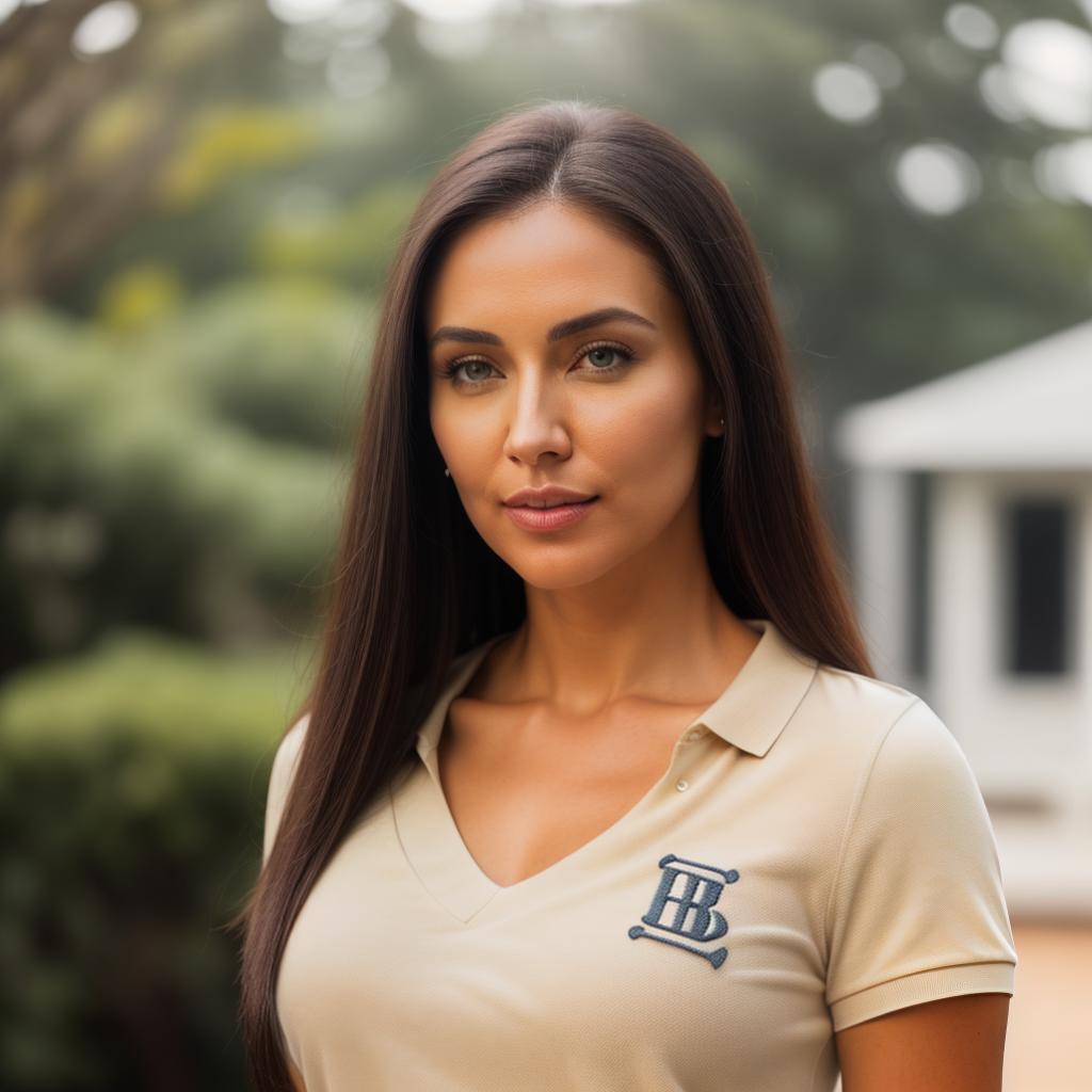  (((realistic full torso frontal head shot of a light beige to medium tan skin tone woman))), leonie luisa schmid, ((caucasian heritage)), immature face, blue eye color, ((straight hair style)), ((black hair color)), (( body type)), flat size, small size, (immature small straight nose), (immature defined cheekbones), (immature soft jawline), (immature medium lips), (immature high forehead), (immature perfect symmetry), (immature dimpled chin), standing straight looking directly into the camera,((wearing fitted polo shirt with deep v neck and monogrammed pocket)), backyard in background, 1, best quality, highest quality, award winning photo, masterpiece, raw, professional photography, photorealism, sharp focus, cine hyperrealistic, full body, detailed clothing, highly detailed, cinematic lighting, stunningly beautiful, intricate, sharp focus, f/1. 8, 85mm, (centered image composition), (professionally color graded), ((bright soft diffused light)), volumetric fog, trending on instagram, trending on tumblr, HDR 4K, 8K