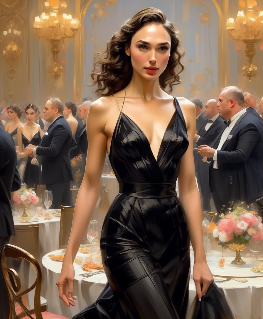  an elegant woman ((gal gadot)) in a black dress and at a fancy reception. charming, the works of konstantin razumov, "black outfit", "shabby chic", "fine art", klimt and mucha, the works of serge marshennikov keep the face the same, just increase the size of the image.