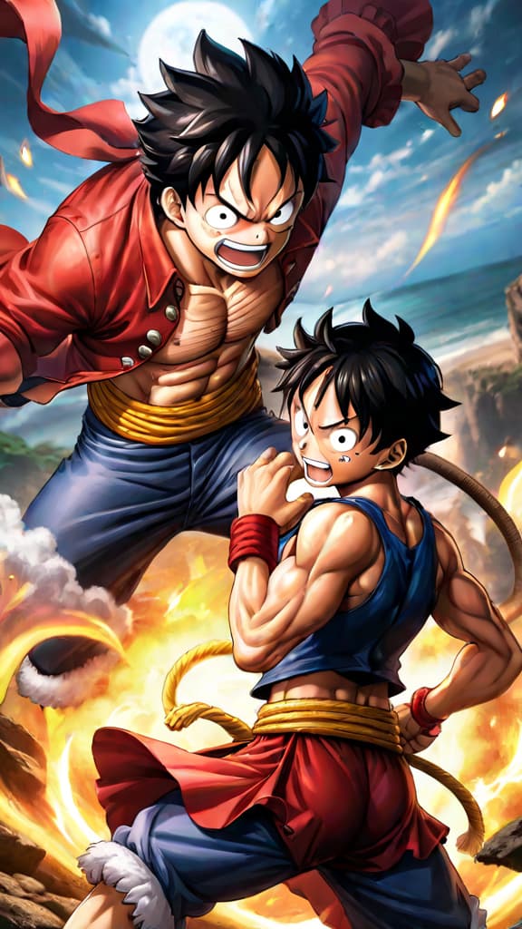  anime art: luffy's gear 5 transformation a battle for survival, blending rubber with mythical power. hyperrealistic, full body, detailed clothing, highly detailed, cinematic lighting, stunningly beautiful, intricate, sharp focus, f/1. 8, 85mm, (centered image composition), (professionally color graded), ((bright soft diffused light)), volumetric fog, trending on instagram, trending on tumblr, HDR 4K, 8K