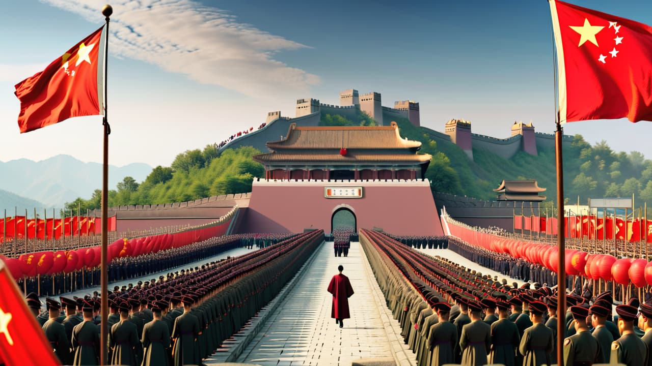  @ image prompt: a historical montage depicting key events in china's transformation, including the declaration of the republic of china in 1912, the long march, and the founding of the people's republic of china in 1949, set against a backdrop of significant symbols like the great wall and tiananmen square. hyperrealistic, full body, detailed clothing, highly detailed, cinematic lighting, stunningly beautiful, intricate, sharp focus, f/1. 8, 85mm, (centered image composition), (professionally color graded), ((bright soft diffused light)), volumetric fog, trending on instagram, trending on tumblr, HDR 4K, 8K