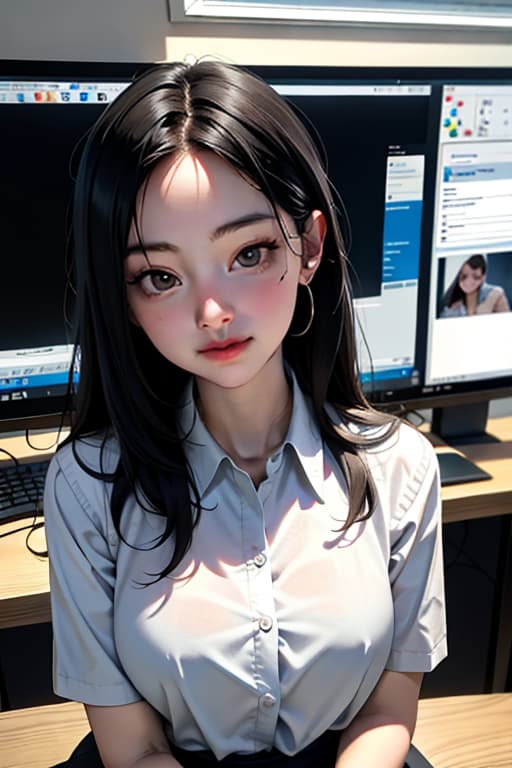  a female teacher is teaching students in the computer lab., advertising photo,high quality, good proportion, masterpiece , the image is captured with an 8k camera