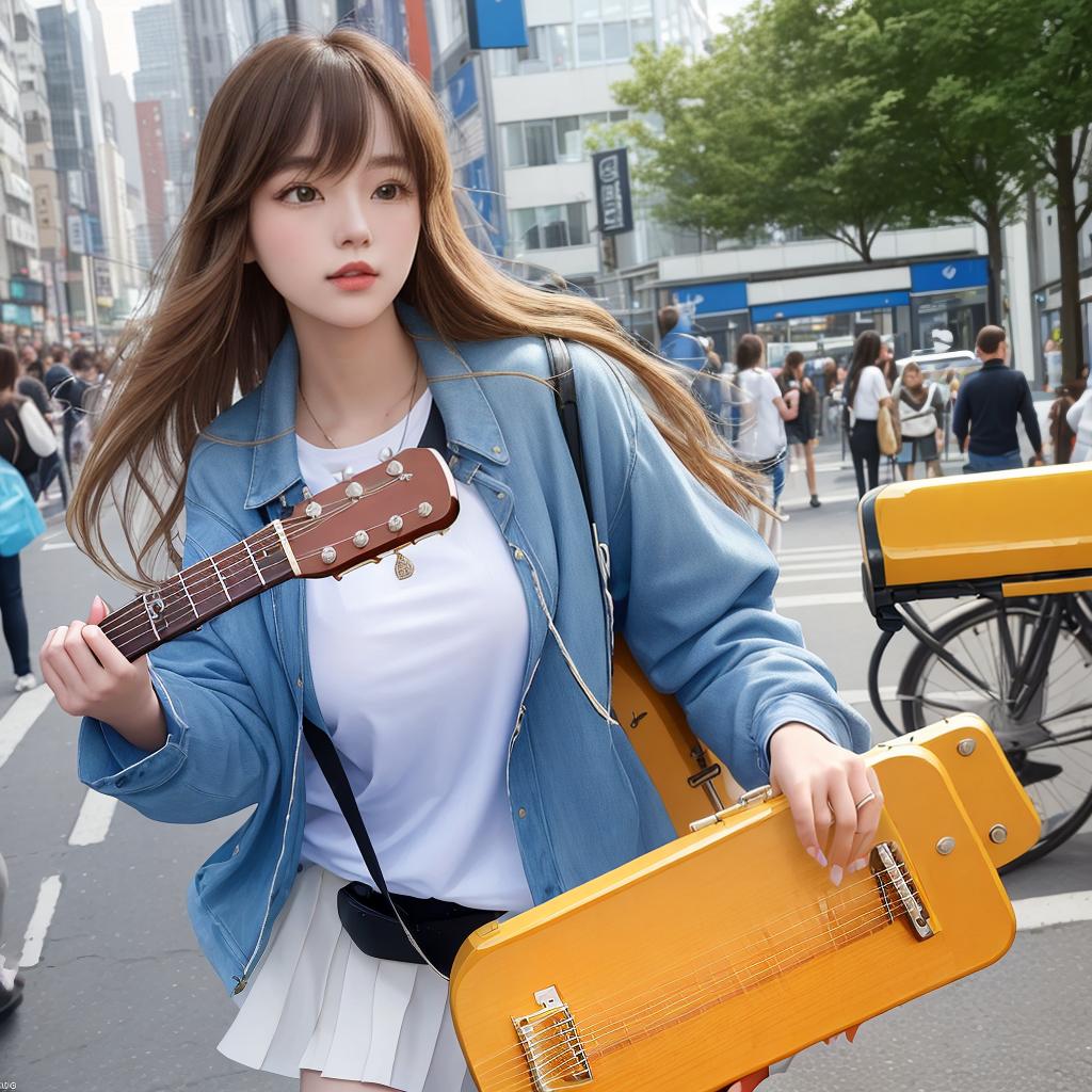  masterpiece, best quality, A young woman with long flowing hair and bangs framing her face, dressed in a stylish blue jacket over a crisp white polo shirt. She stands confidently, clutching a honey-colored guitar, with a determined expression on her face. The setting is a bustling city street, with people milling about in the background, creating a sense of movement and energy. The mood is one of determination and passion for music, with a hint of urban coolness. The style is a realistic photograph with a slightly cinematic quality, capturing the essence of a modern musician on the go. The lighting is soft and natural, casting a warm glow over the scene and highlighting the details of her outfit and guitar. Realized with a DSLR camera set t