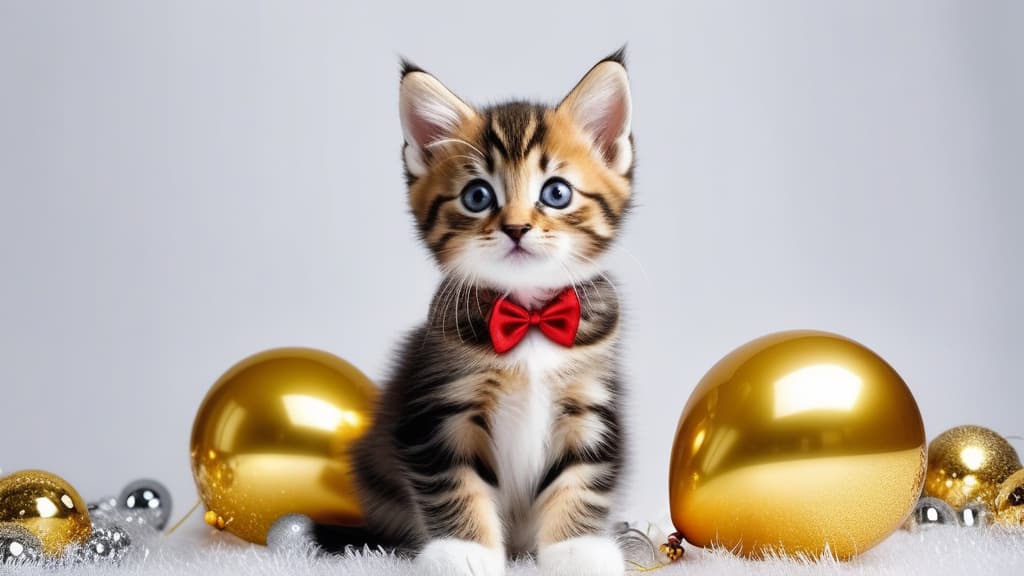  Christmas cat. Cat with gold foil balloons. Tabby kitten on a Christmas festive white background. ar 16:9 high quality, detailed intricate insanely detailed, flattering light, RAW photo, photography, photorealistic, ultra detailed, depth of field, 8k resolution , detailed background, f1.4, sharpened focus